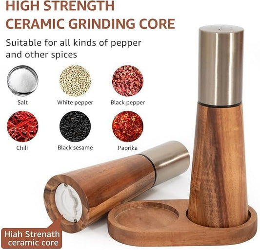 Liying Salt Shaker and Pepper Grinder with Tray, High Strength Ceramic Grinding Core, Refillable Salt Shaker & Pepper Mill Adjustable for Customized Coarseness (Gold)