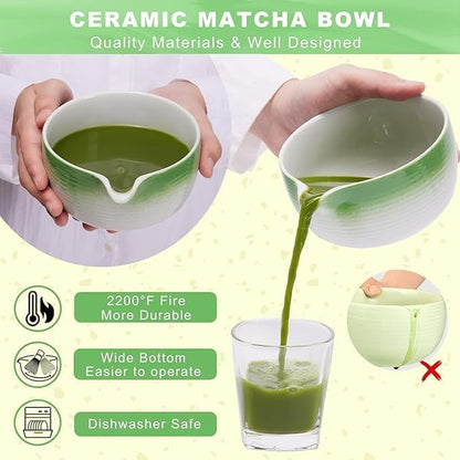 Liying Japanese Matcha Set Includes Matcha Bowl with Spout, Matcha Whisk Holder (chasen), Bamboo Matcha Whisk and Bamboo Scoop (Green)