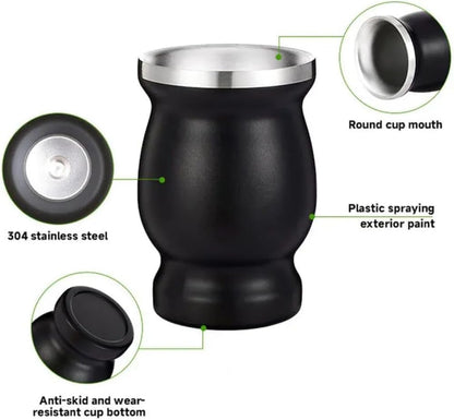 Liying Stainless Steel Double-Wall Mate Cup And Bombilla Set - Yerba Mate set Includes One Yerba Mate Cup, 2 Bombillas Mate (Straw) & Brush (black)