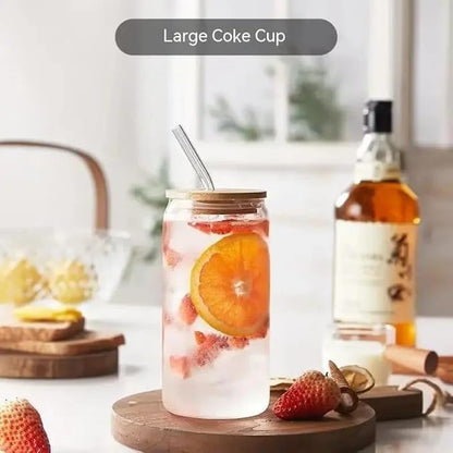 Liying 1Pcs Glass Cups with Bamboo Lids and Glass Straw 525ML Shaped Cups, Beer Mug, Cute Tumbler Cup, Ideal for Iced Coffee, Cocktail