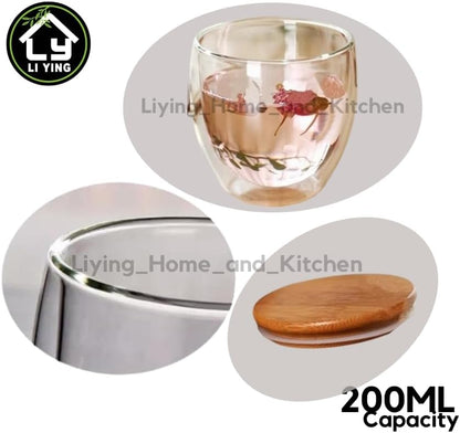Liying Double-walled Borosilicate Clear Glass 200ML Coffee Mug with Bamboo Lid for Hot or Iced Coffee, Milk, Latte,Cappuccinos & Cocktails (Small)