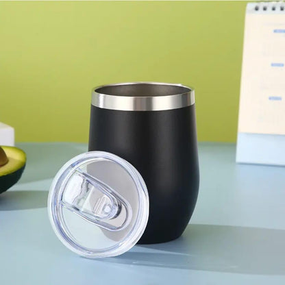 Liying 350ml Insulated Wine Tumbler with Lid Double Wall Vacuum Stainless Steel Wine Glass Coffee Mug Insulated Tumbler Cup for Champaign, Cocktail, Beer (Black)