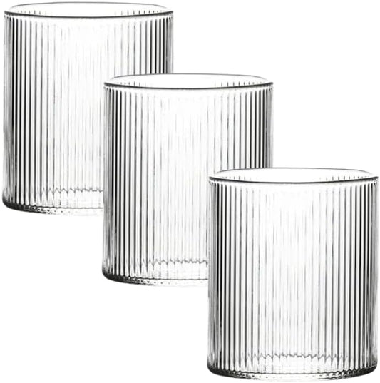 Liying 3Pcs Vintage Coffee Mug 300ml Glass Cup Large Wide Mouth Clear Glass Tea Cup Aesthetic Stripe Glassware for Coffe, Tea, Dessert Beverage
