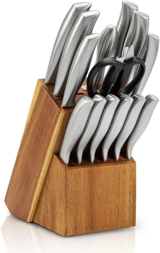 Liying 15-Piece Kitchen Knife Block Set, High Carbon Stainless Steel, Wooden Block Stand with Sharpener, Silver