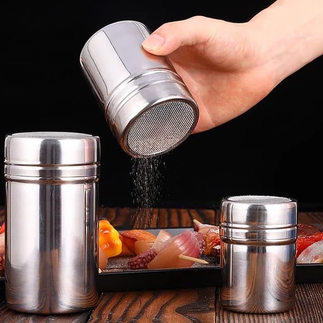 Liying 3Pcs Stainless Steel Coffee Shaker, Sugar Powder, Salt Pot Kitchen Seasoning jar for Kitchen, Coffeeshop, Restaurants, Home (B)