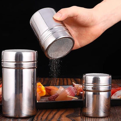 Liying 3Pcs Stainless Steel Coffee Shaker, Sugar Powder, Salt Pot Kitchen Seasoning jar for Kitchen, Coffeeshop, Restaurants, Home (B)
