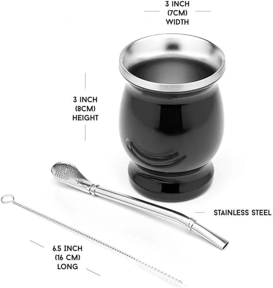 Liying Stainless Steel Double-Wall Mate Cup And Bombilla Set - Yerba Mate set Includes One Yerba Mate Cup, 2 Bombillas Mate (Straw) & Brush (black)