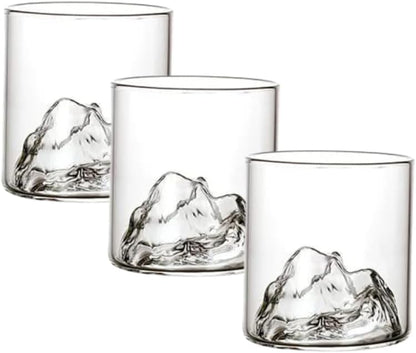 Liying 3Pcs Mountain Design Coffee Mug, 150ml Glass Cup, Large Wide Mouth Clear Glass Tea Cup Aesthetic Stripe Glassware for Coffee, Tea, Dessert, Beverage