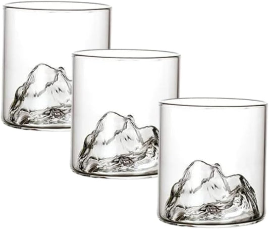 Liying 3Pcs Mountain Design Coffee Mug, 300ml Glass Cup, Large Wide Mouth Clear Glass Tea Cup Aesthetic Stripe Glassware for Coffe, Tea, Dessert, Beverage