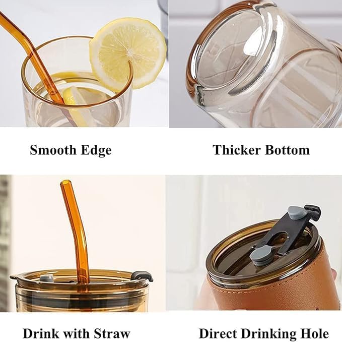 13 Ounce Glass Water Bottles with Glass Straw, Two in One Lids, Leather Protective Sleeve, 3.5 inch, 4.9 inch, 2.7 inch Glass Tumbler