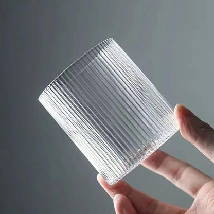 Liying 4Pcs Vintage Coffee Mug, 300ml Glass Cup, Large Wide Mouth Clear Glass Tea Cup Aesthetic Stripe Glassware for Coffe, Tea, Dessert, Beverage #1