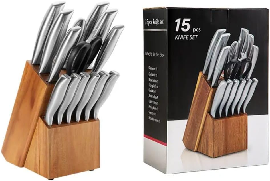 Liying 15-Piece Kitchen Knife Block Set, High Carbon Stainless Steel, Wooden Block Stand with Sharpener, Silver