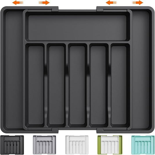 Liying Silverware Drawer Organizer, Expandable Utensil Tray for Kitchen, BPA Free Flatware and Cutlery Holder, Adjustable Plastic Storage for Spoons Forks Knives, Large (Black)