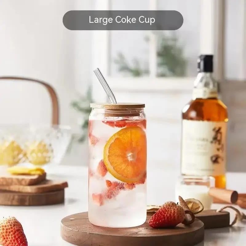 Liying 1Pcs Glass Cups with Bamboo Lids and Glass Straw 400ML Shaped Cups, Beer Mug, Cute Tumbler Cup, Ideal for Iced Coffee, Cocktail