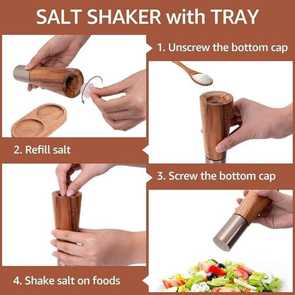 Liying Salt Shaker and Pepper Grinder with Tray, High Strength Ceramic Grinding Core, Refillable Salt Shaker & Pepper Mill Adjustable for Customized Coarseness (Gold)