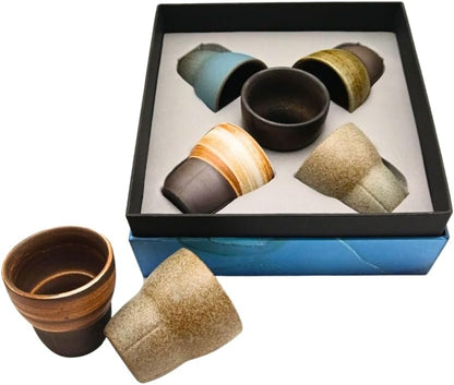 Liying Ceramic Coffee Cup Set, 100ml, 5 Pieces, Handmade Art Design, Shiny Brown with Gift Box