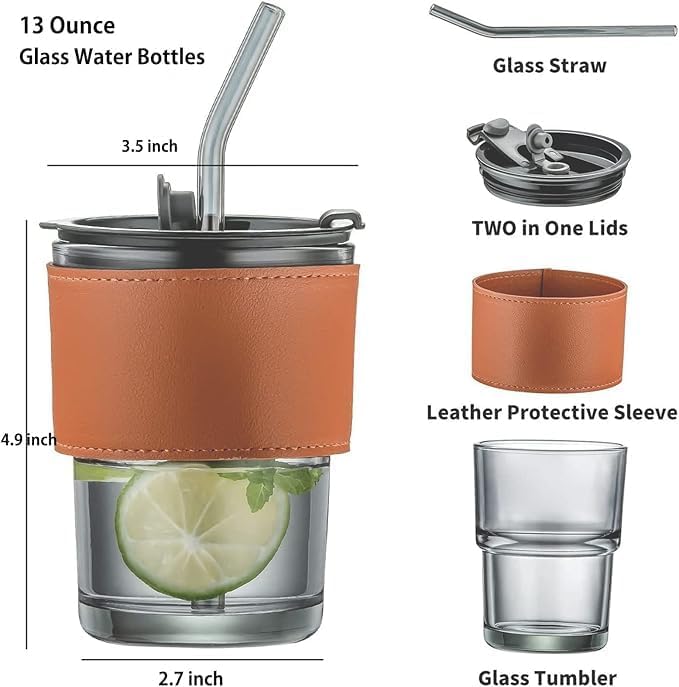 13 Ounce Glass Water Bottles with Glass Straw, Two in One Lids, Leather Protective Sleeve, 3.5 inch, 4.9 inch, 2.7 inch Glass Tumbler