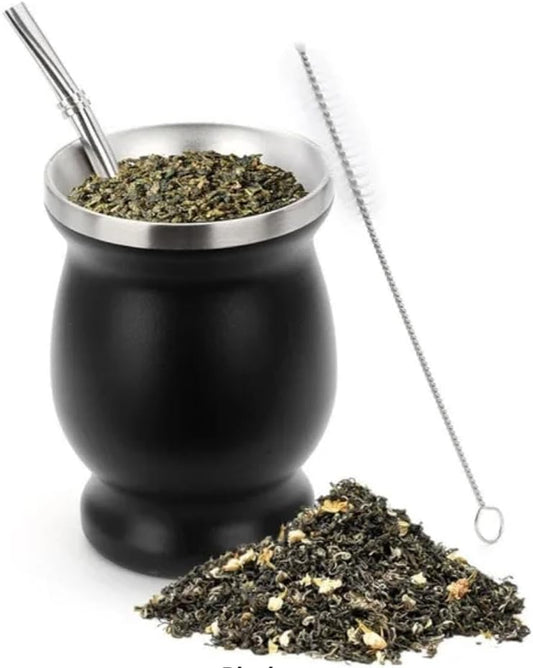 Liying Stainless Steel Double-Wall Mate Cup And Bombilla Set - Yerba Mate set Includes One Yerba Mate Cup, 2 Bombillas Mate (Straw) & Brush (black)