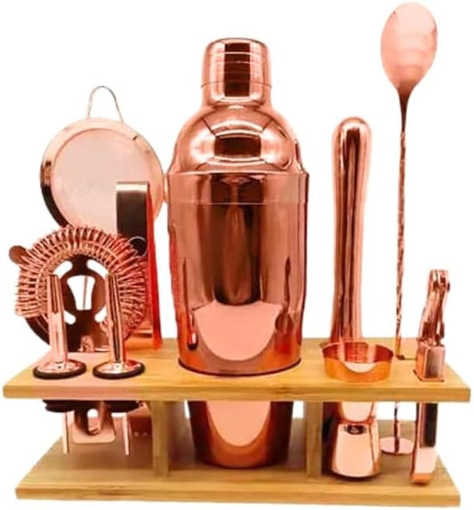 Liying Rose Gold Shade Bartender Kit 11-Piece Cocktail Shaker-Muddler for Cocktails 25oz Boston Shaker-Bar Accessories with Stylish Bamboo Stand Mix Drink Shaker kit