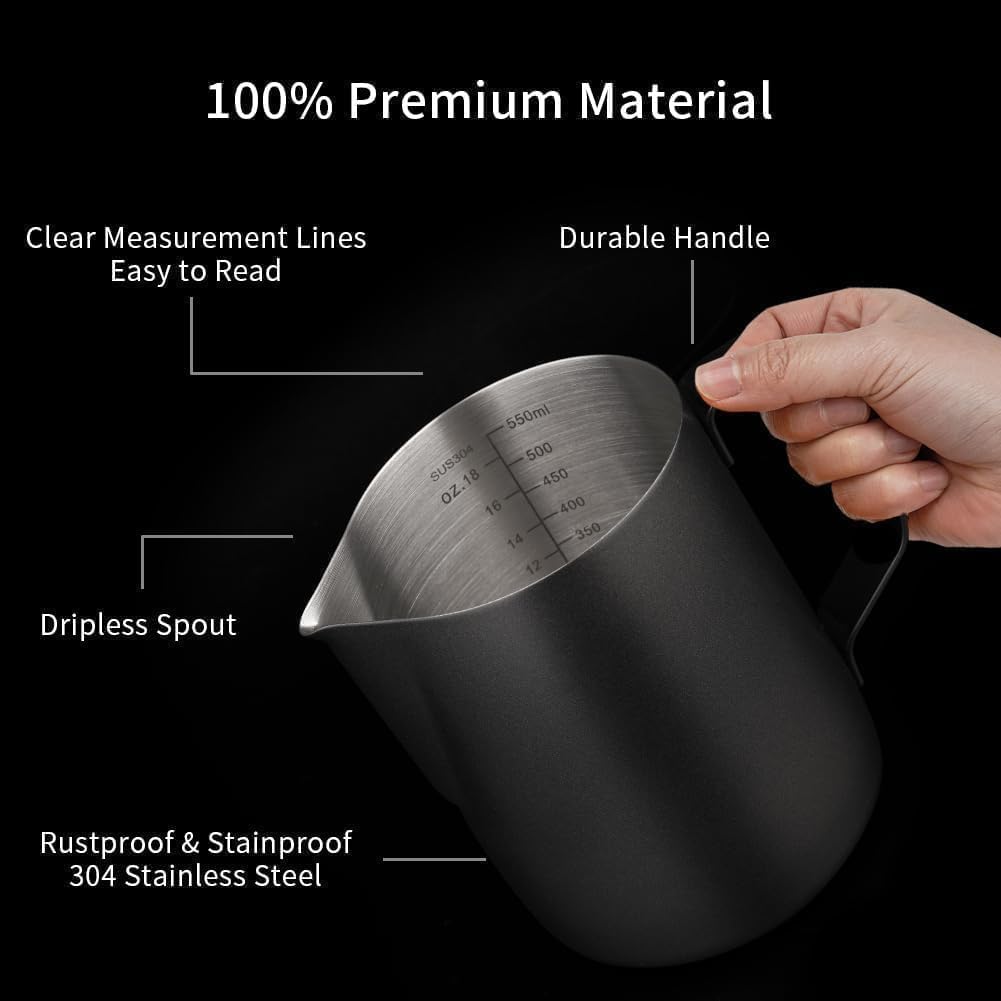 Liying Stainless Steel Milk Frothing Pitcher 550ml - Espresso Steaming Pitcher for Cappuccino, Latte Art, Coffee Machine Accessories Milk Jug Milk Frother Cup, Black