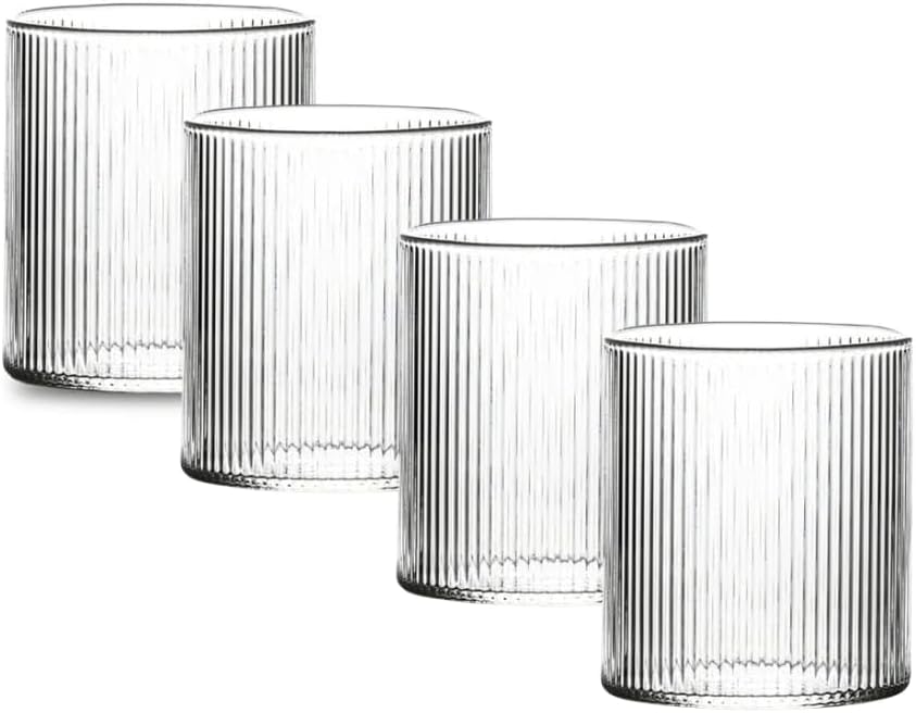 Liying 4Pcs Vintage Coffee Mug, 300ml Glass Cup, Large Wide Mouth Clear Glass Tea Cup Aesthetic Stripe Glassware for Coffe, Tea, Dessert, Beverage #1