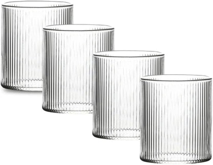 Liying 4Pcs Vintage Coffee Mug, 300ml Glass Cup, Large Wide Mouth Clear Glass Tea Cup Aesthetic Stripe Glassware for Coffe, Tea, Dessert, Beverage #1