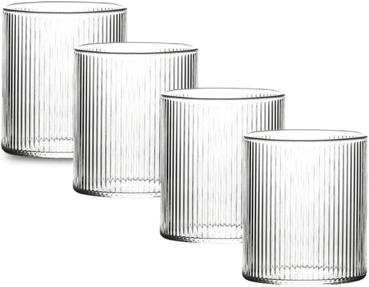 Liying 4Pcs Vintage Coffee Mug, 300ml Glass Cup, Large Wide Mouth Clear Glass Tea Cup Aesthetic Stripe Glassware for Coffe, Tea, Dessert, Beverage #1