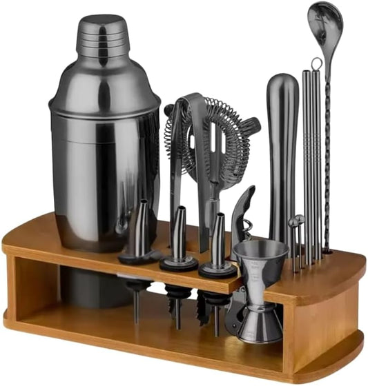 Liying 17Pcs Stainless Steel Bartender Kit with Wooden Stand include Straw*3| brush| Pick*2| Spoon | Ice Tongs | Mudler| Corkscrew| Jigge| Liquor Pourer*3 | Filter for Drink Mixing, Home, Bar, Party