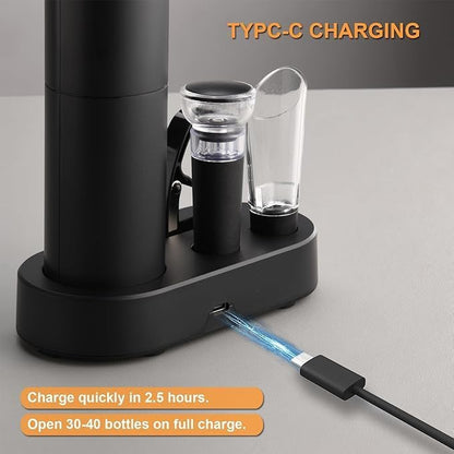 Liying Electric Wine Opener Set, Rechargeable Electric Corkscrew Wine Opener With Charging Base, Foil Cutter, Wine Aerator And Vacuum Stopper, Gifts For Wine Lovers, Black