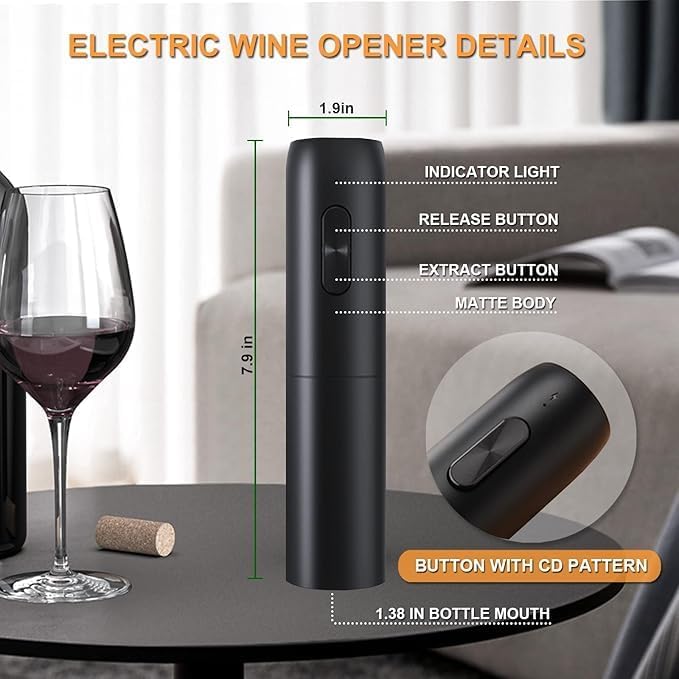 Liying Electric Wine Opener Set, Rechargeable Electric Corkscrew Wine Opener With Charging Base, Foil Cutter, Wine Aerator And Vacuum Stopper, Gifts For Wine Lovers, Black