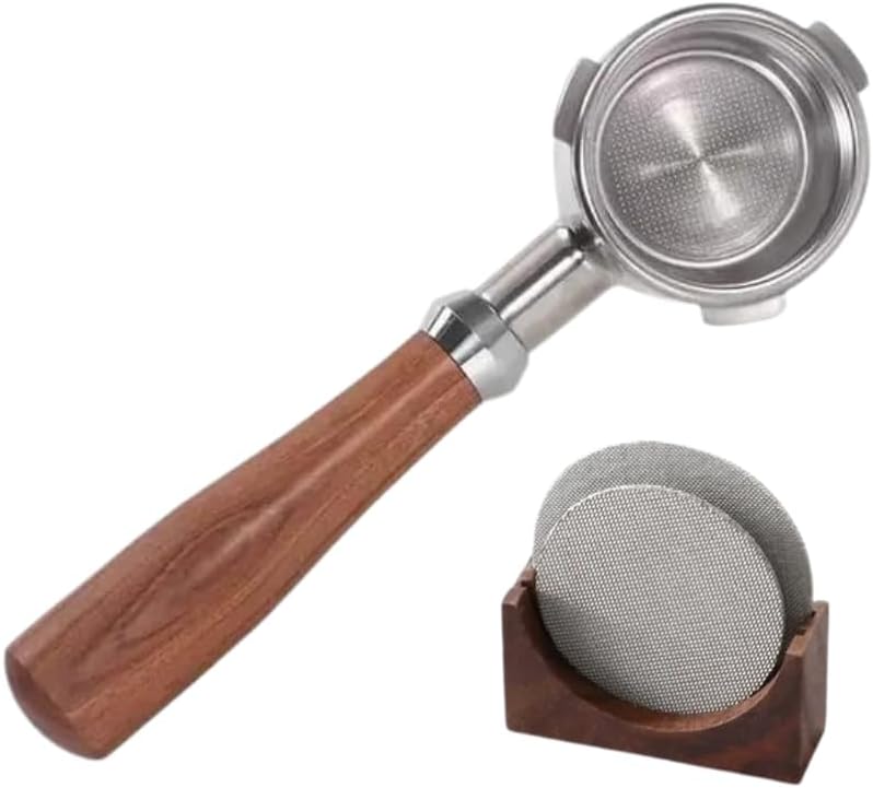 Liying 53mm Bottomless Wooden Handle Portafilter - Authentic Italian Portafilter with one pair Puck Screen with holder