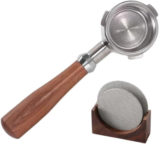 Liying 53mm Bottomless Wooden Handle Portafilter - Authentic Italian Portafilter with one pair Puck Screen with holder