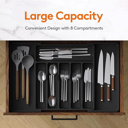 Liying Silverware Drawer Organizer, Expandable Utensil Tray for Kitchen, BPA Free Flatware and Cutlery Holder, Adjustable Plastic Storage for Spoons Forks Knives, Large (Black)
