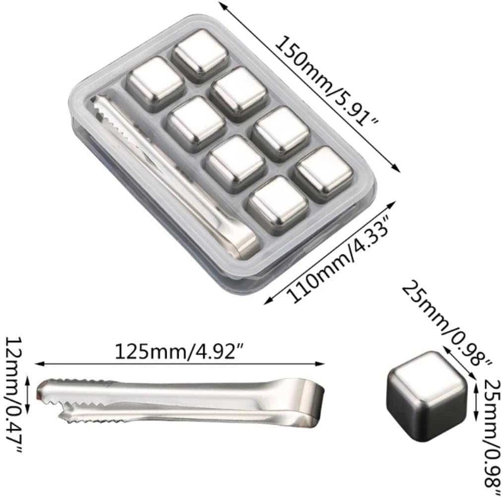 Liying 8pcs Stainless Steel Reusable Ice Cubes with Barman Tongs and Freezer Tray for cold coffee, Chill Drinks
