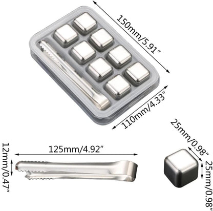 Liying 8pcs Stainless Steel Reusable Ice Cubes with Barman Tongs and Freezer Tray for cold coffee, Chill Drinks