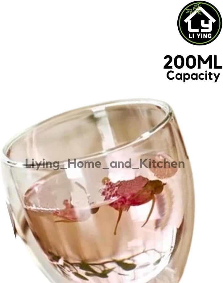 Liying Double-walled Borosilicate Clear Glass 200ML Coffee Mug with Bamboo Lid for Hot or Iced Coffee, Milk, Latte,Cappuccinos & Cocktails (Small)