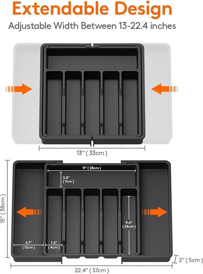 Liying Silverware Drawer Organizer, Expandable Utensil Tray for Kitchen, BPA Free Flatware and Cutlery Holder, Adjustable Plastic Storage for Spoons Forks Knives, Large (Black)