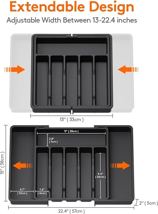 Liying Silverware Drawer Organizer, Expandable Utensil Tray for Kitchen, BPA Free Flatware and Cutlery Holder, Adjustable Plastic Storage for Spoons Forks Knives, Large (Black)