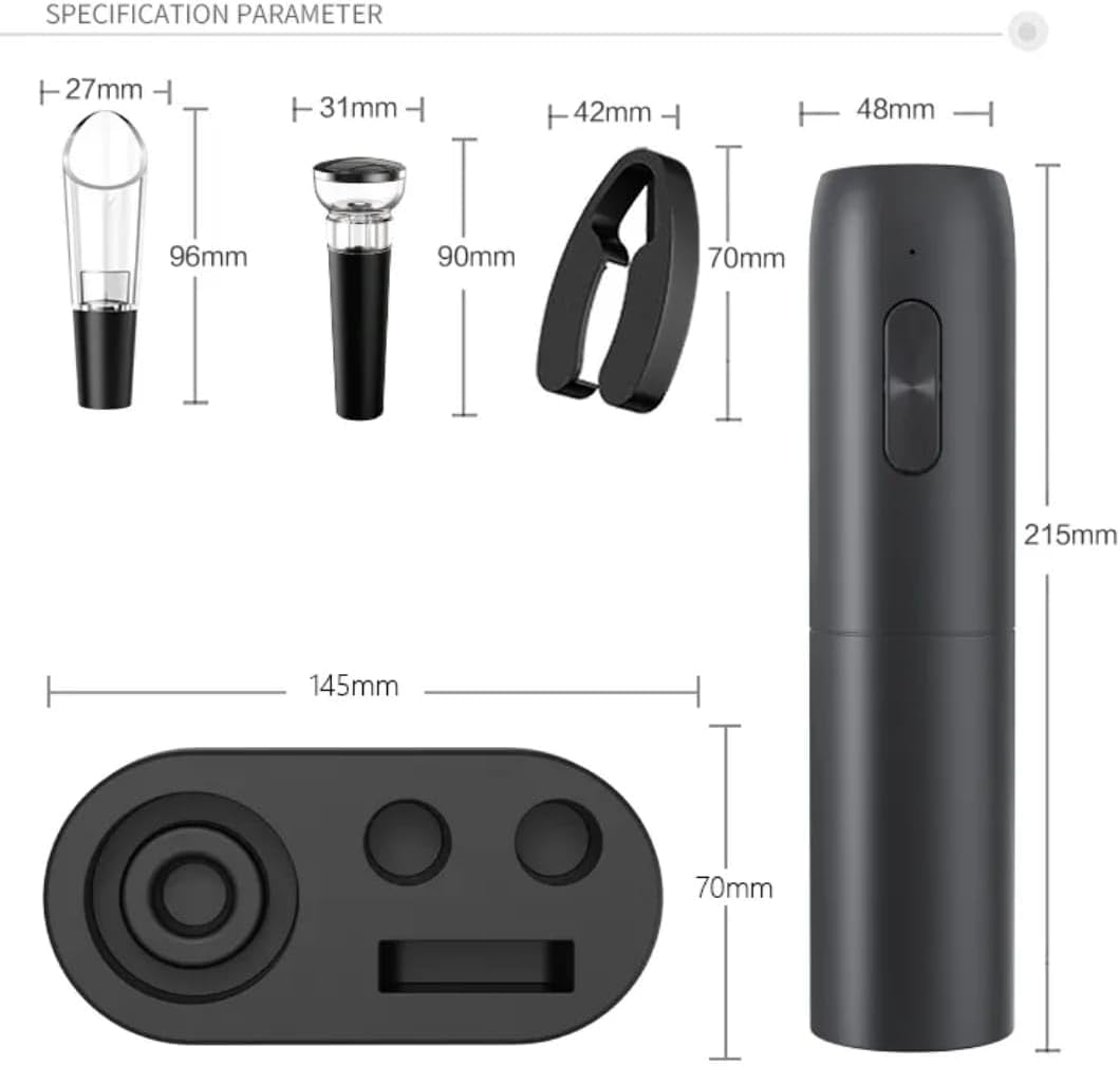 Liying Electric Wine Opener Set, Rechargeable Electric Corkscrew Wine Opener With Charging Base, Foil Cutter, Wine Aerator And Vacuum Stopper, Gifts For Wine Lovers, Black