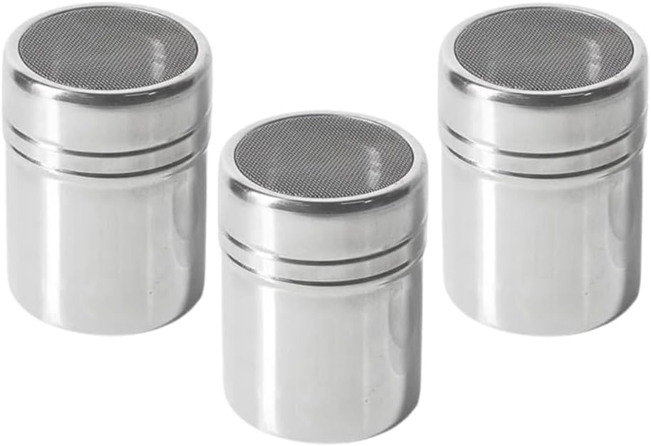 Liying 3Pcs Stainless Steel Coffee Shaker, Sugar Powder, Salt Pot Kitchen Seasoning jar for Kitchen, Coffeeshop, Restaurants, Home (B)