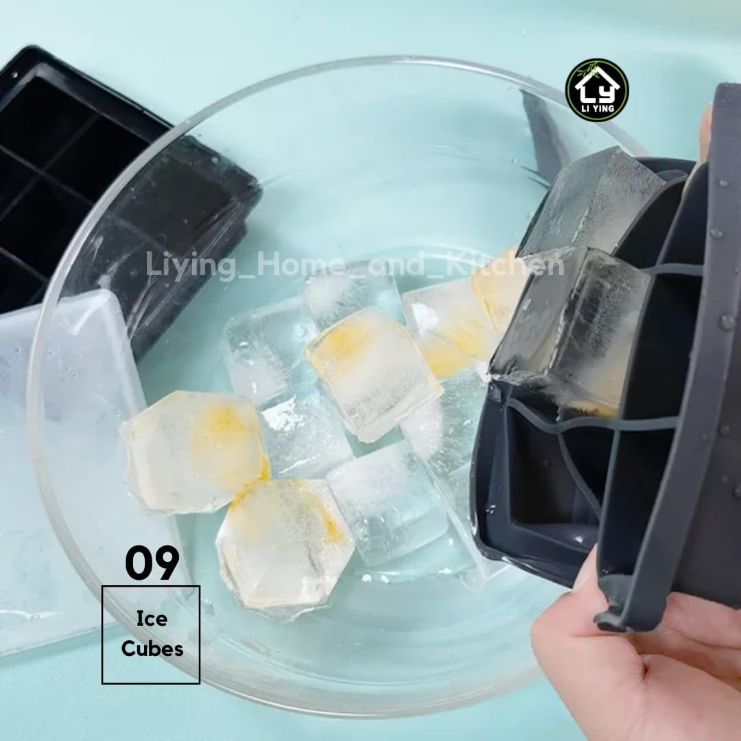 Liying Reusable 4cm Ice Cube Trays, Easy Release Silicone Square Ice Sphere Tray with Lids & Funnel for Whiskey, Cocktails (9 Square Ice Cube in 1 Tray)