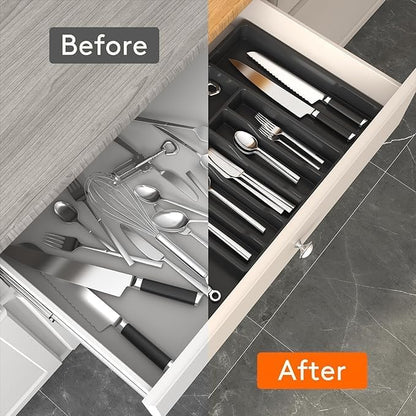 Liying Silverware Drawer Organizer, Expandable Utensil Tray for Kitchen, BPA Free Flatware and Cutlery Holder, Adjustable Plastic Storage for Spoons Forks Knives, Large (Black)