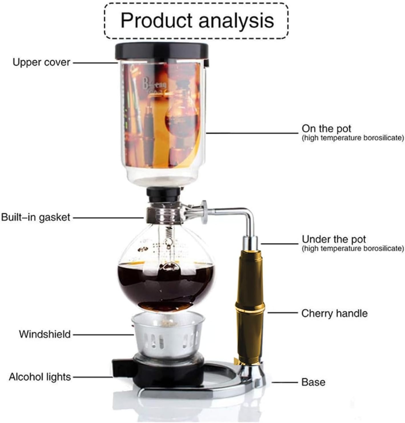 Liying 3cup Tabletop Siphon (Syphon) Coffee Maker with Alcohol Burner, Plastic Coffee Powder Spoon, Filter Cloth and Wooden Stirrer (Wooden Handle)