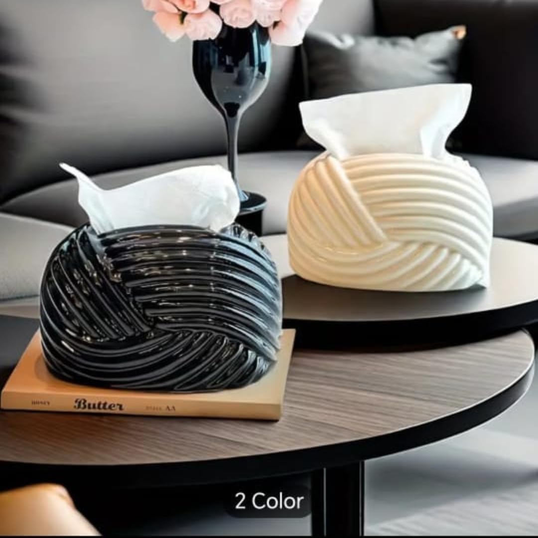 Liying Ceramic Rope Design Tissue Box Vanity Top Ceramic Abstract for Livinh room, Home Decor Shelf, Tissue Box Organizer (Black)
