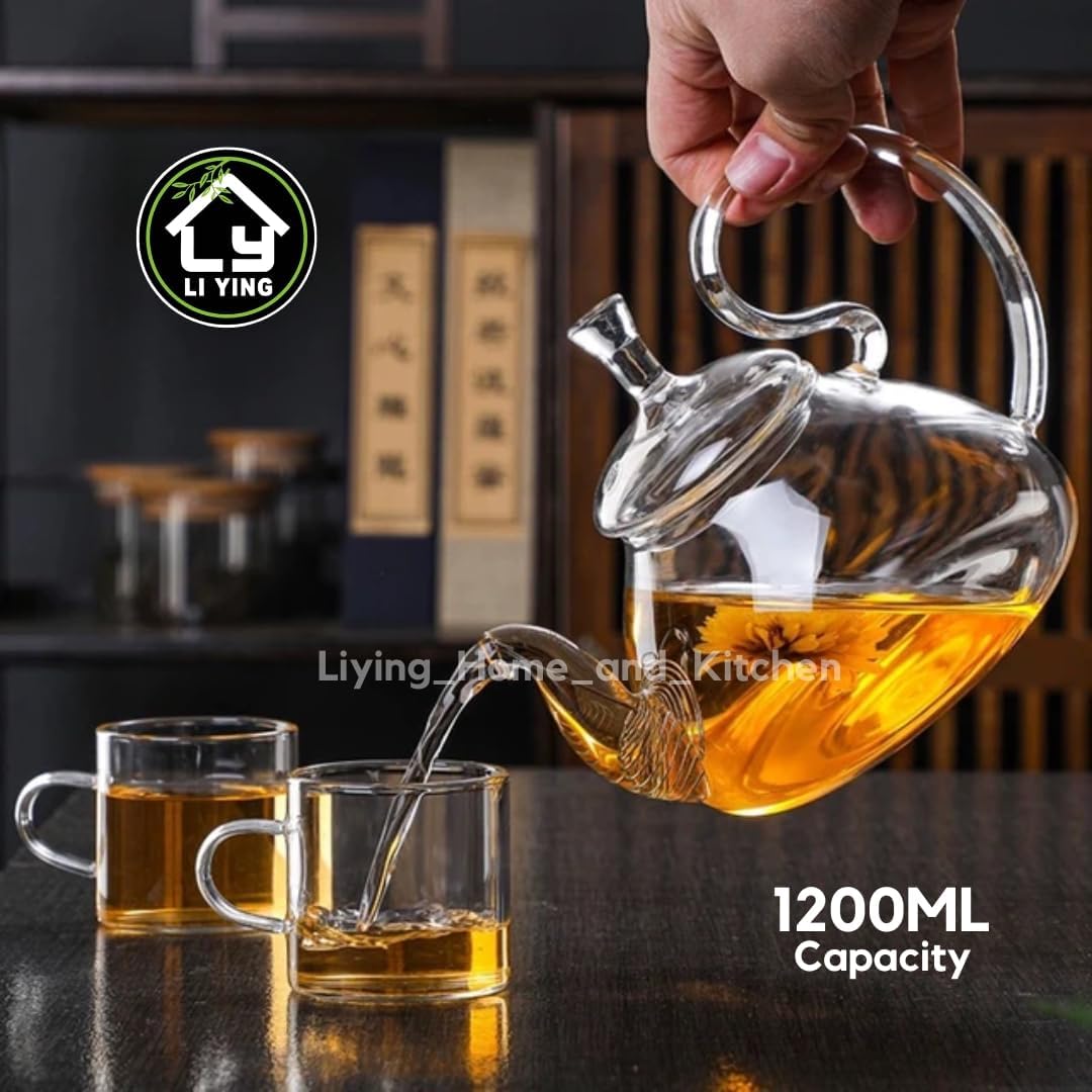 Liying 1200ml Pyrex Glass Teapot with Removable Strainer, Stovetop Safe Tea Kettle, for Blooming and Loose Leaf Tea Maker