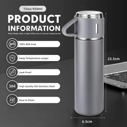 Liying Coffee Thermos Stainless Steel Vacuum-Insulated Water Bottle, 500ml/16.9oz Insulated Bottle with Cup for Hot & Cold Drink Travel Mug (Grey, Three Cup)