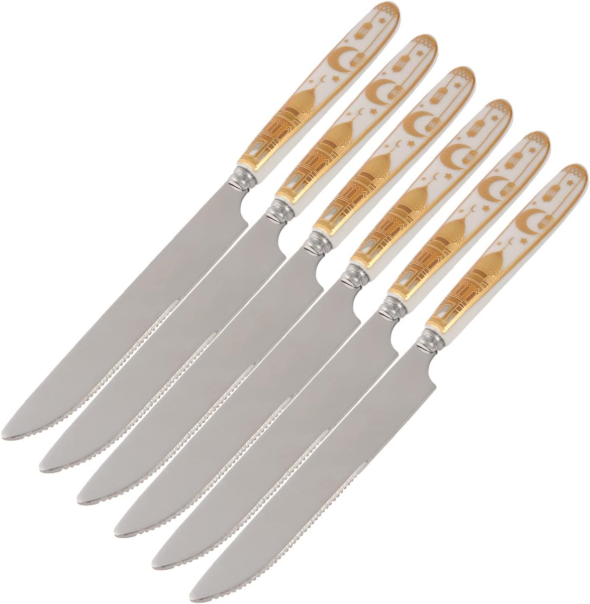 Liying Ramadan Design Heavy Duty Ceramic Handle Dinner Knives Set of 6 Stainless Steel Butter, Spreader Cheese Knife, Table Knifes, Steak Knives, Fruit Knife -Gold And White Color