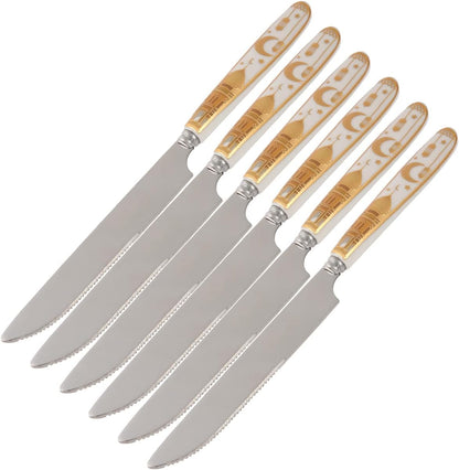 Liying Ramadan Design Heavy Duty Ceramic Handle Dinner Knives Set of 6 Stainless Steel Butter, Spreader Cheese Knife, Table Knifes, Steak Knives, Fruit Knife -Gold And White Color