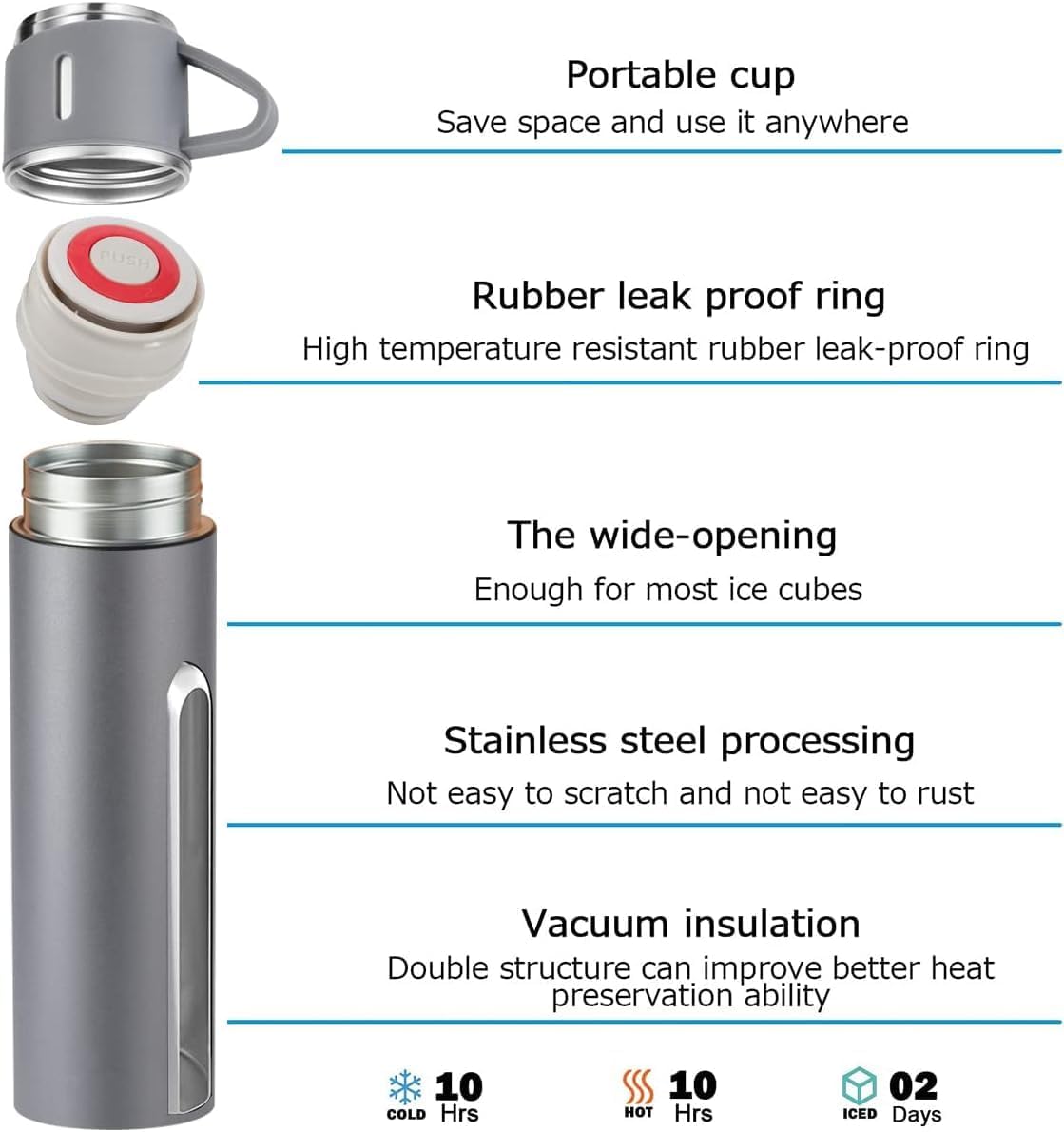 Liying Coffee Thermos Stainless Steel Vacuum-Insulated Water Bottle, 500ml/16.9oz Insulated Bottle with Cup for Hot & Cold Drink Travel Mug (Grey, Three Cup)