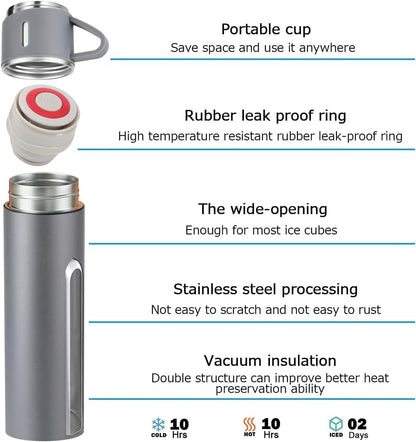 Liying Coffee Thermos Stainless Steel Vacuum-Insulated Water Bottle, 500ml/16.9oz Insulated Bottle with Cup for Hot & Cold Drink Travel Mug (Grey, Three Cup)